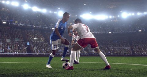 Soccer player makes a dramatic play during game on professional outdoor soccer stadium. All players are wearing unbranded soccer uniform. Stadium and crowd are made in 3D.