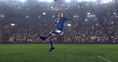 Soccer player makes a dramatic play during game on professional outdoor soccer stadium. All players are wearing unbranded soccer uniform. Stadium and crowd are made in 3D.