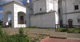 4K video footage view of beautiful ancient old Nikolskiy Monastery with its towers, walls and cathedrals in Pereslavl-Zalesski, Golden Ring route, north-eastern Russia, 160 km from Moscow