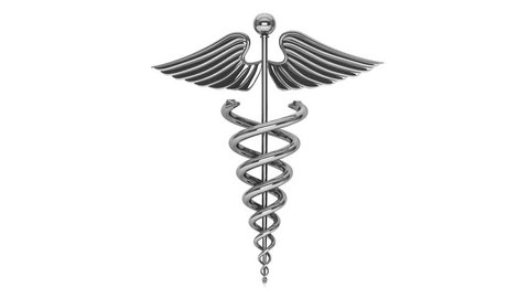 Health Care Concept. Silver Medical Caduceus Symbol Seamless Looped Rotating on a white background