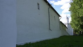 4K video footage view of beautiful Nikolskiy Monastery with its towers, walls and cathedrals taken on 18 June 2017 in Pereslavl-Zalesski, Golden Ring route, north-eastern Russia, 160 km from Moscow