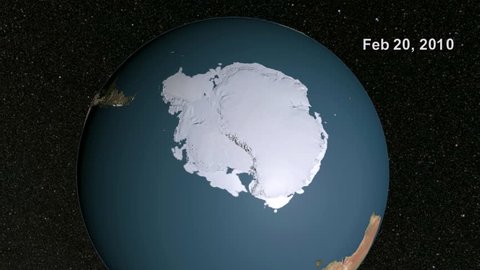 2010s: A animated map of the globe shows sea ice formation in Antarctica in 2010.