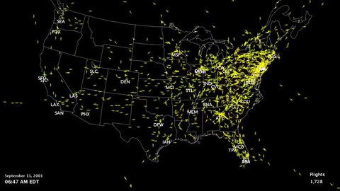 2010s: Animated map shows air traffic across the United States on a normal day and the sudden decrease on Sept. 11, 2001.
