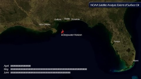2010s: A map shows the satellite analysis of the Deepwater Horizon oil spill.