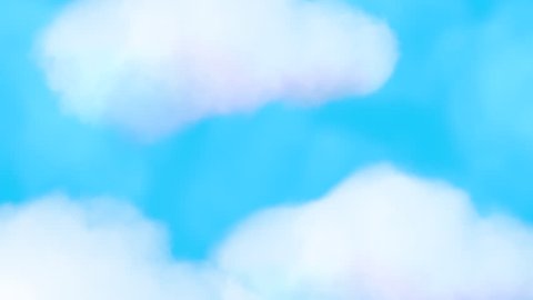 Looped motion graphics of cartoon style white fluffy clouds in the sky. Camera moving up and passing through the atmosphere. Beautiful blue sky animation.