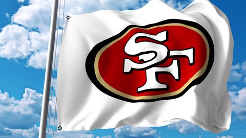 Waving flag with San Francisco 49Ers professional team logo. 4K editorial clip