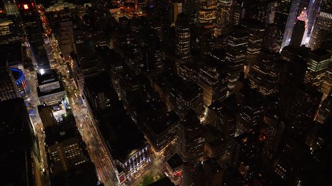 New York, May 2017. Night aerial looking down on midtown New York City, W33 and West 34 street.