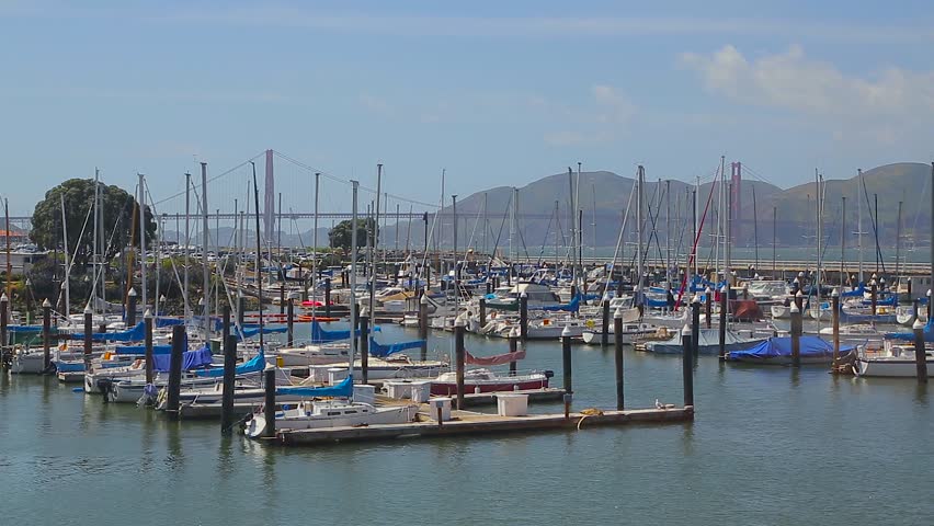 Aerial view of boats and yachts in Pier in a sunny morning in San Francisco, California. A group of boats and yachts are gently floating in the docks. Shot at Pier, San Francisco Bay. Boats Pier