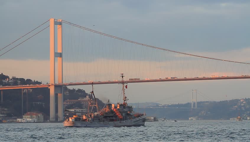 Istanbul Bosporus Bridge during a warship passing under
