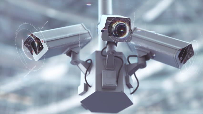 Futuristic security cameras scanning the street in 4K Royalty-Free Stock Footage #28318900
