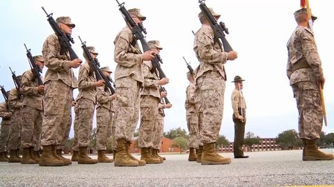 2010s: Good shots of Marine Corp marching drills at boot camp.