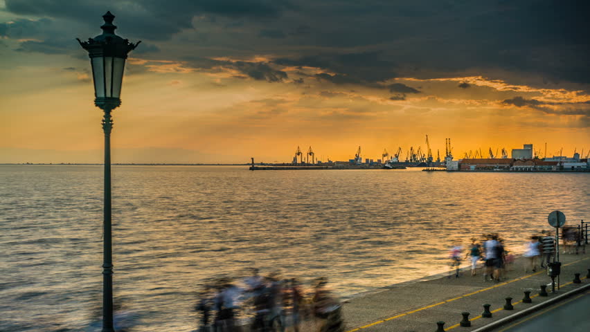 Thessaloniki Port Timelapse, at Sunset , Zooming In