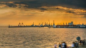 Thessaloniki Port Timelapse, at Sunset , with cranes at the background