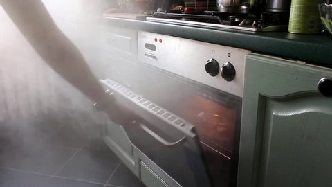 Opening Oven Releasing Smoke From Burnt Meal