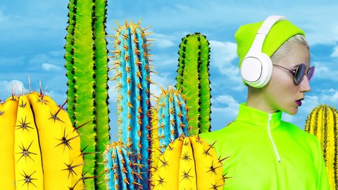  
DJ girl in the desert cactus minimal surreal art 
 Vídeo Stock