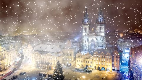 Snowfall in Prague. Christmas atmosphere on Wenceslas Square. Falling snow on Old Town Square. Czech republic