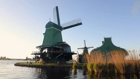 General view of traditional Dutch windmills, Netherlands. HD Footage.