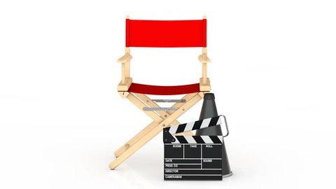 Cinema Industry Concept. Red Director Chair, Movie Clapper and Megaphone Rotating on a white background