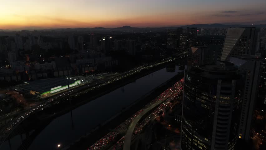 Aerial View of Estaiada Bridge in a Beautiful Evening Hour in Sao Paulo, Brazil