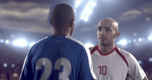 4k footage of the opposite soccer team players Arguing at the beginning. The action takes place at professional soccer stadium. Players wear unbranded uniform. Stadium and crowd are made in 3D.