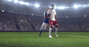 4k footage of a soccer player in dramatic play during a soccer game on a professional outdoor soccer stadium. Players wear unbranded uniform. Stadium and crowd are made in 3D.
