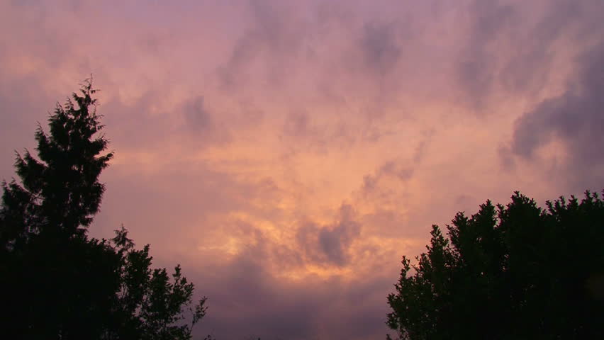 Sunset, dusk to night, with colorful, warm clouds passing over trees.
