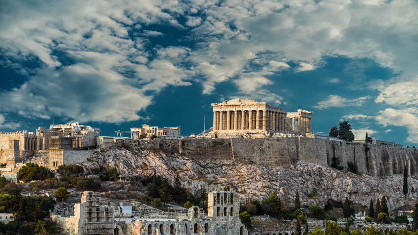 Parthenon, Acropolis of Athens, Greece - Timelapse with dramatic sky at daytime
