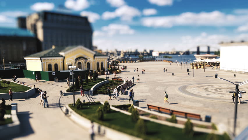 View of the Postal Square in Kiev. People are walking around. Time lapse with tilt-shift effect.