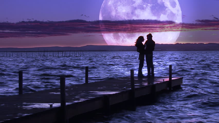 Lovers in the lake opposite to the moon. 1920x1080p