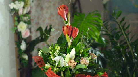 Flower bouquet in the rays of light, rotation, the floral composition consists of Amaryllis ferrari, aspidistra, eucalyptus, Barbatus, Russus, Alstroemeria, lily, Rose