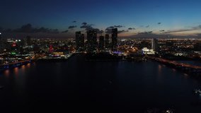 Aerial video Downtown Miami at night twilight drone 4k prores