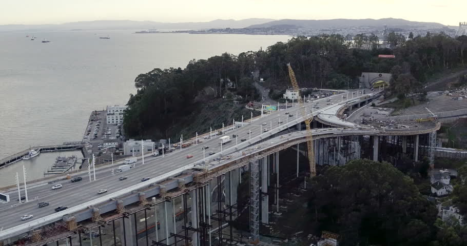 Aerial of Cars Driving on San Francisco Bay Bridge & Treasure Island