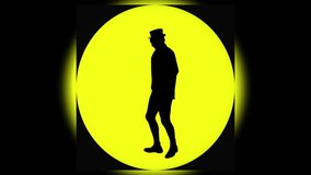 Cheerful drunk man in the hat is dancing funny on the round yellow background. The actor comedian is moving and dancing with accelerated motion. Also available the videos in other colors in portfolio.