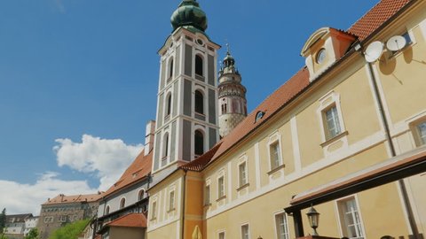 CESKY KRUMLOV, May 2017 - Gimbal shot of Gothic architecture in the medieval town of Cesky Krumlov, Czech Republic, Czechia
