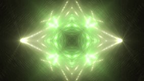 VJ Fractal green and golden abstract background. Movement of colored rays with disco spectrum lights on black background. Light Tunnel. Seamless loop. Green screen.