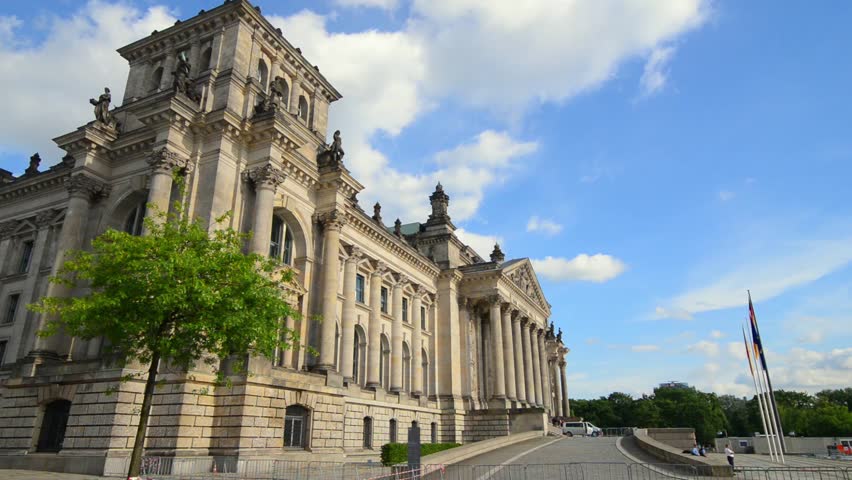 BERLIN, GERMANY - MAY 26, 2017: Building of  Reichstagin left side view on blue sky background in sunny day