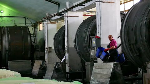 Zrenjanin,Serbia, Leather factory,17th May 2017: Plants for the tanning of the skin in large rotating drums in the leather industry, Large Rollers for Leather Tanning in Tannery, Video Clip