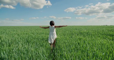 little girl in a white dress running through green wheat field, back view, slow motion, Steadicam shot