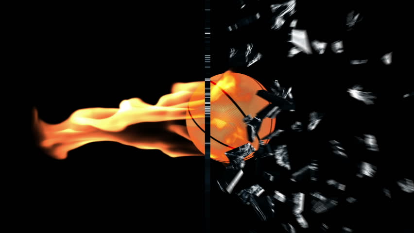 Basketbal on fire breaking glass,