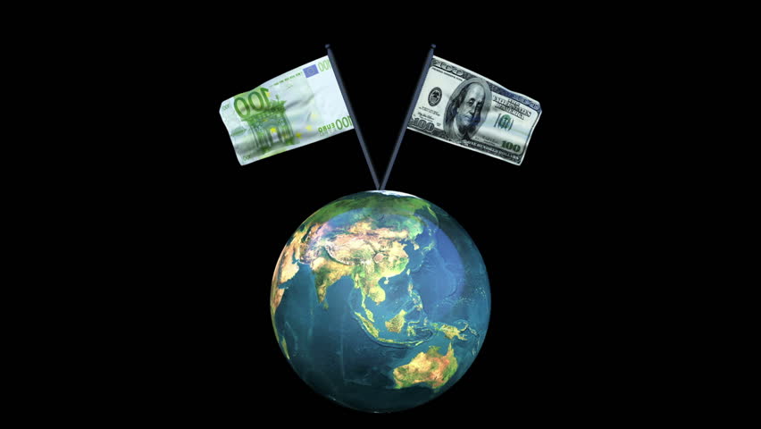 Dollar and Euro Flag Waving with Earth Rotating, Seamless Loop, Alpha