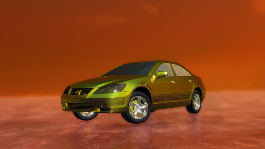 Golden car on thin ice at sunset,realistic drive simulation 