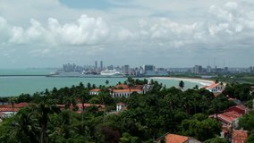 Elevated static shot of port with cruise ships docked in Recife from Olinda view point, Brazil