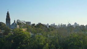 High quality video aerial shot of California Bell Tower in San Diego in 4K
