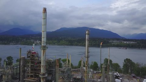 Aerial view of an Oil Refinery Industrial Plant in Vancouver, British Columbia, Canada.