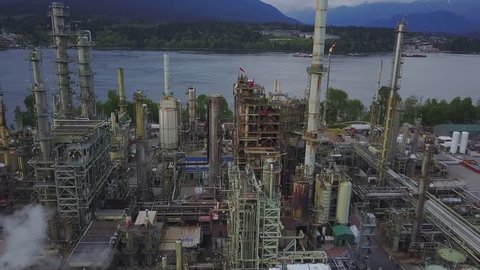 Aerial view of an Oil Refinery Industrial Plant in Vancouver, British Columbia, Canada.