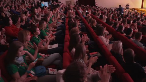 Novosibirsk Russia - May 20 2017: Listeners on learning conference or culture show. Leisure or convention for satisfaction. All seats are busy in large hall. Teamwork or studying management of company