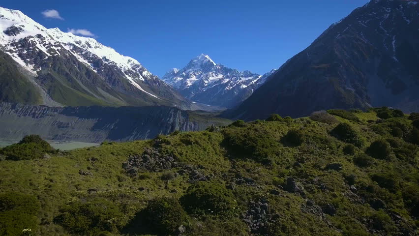 Mt Cook, New Zealand - Aerial view by drone flying over Hooker valley track, in Aoraki Mt Cook National Park.