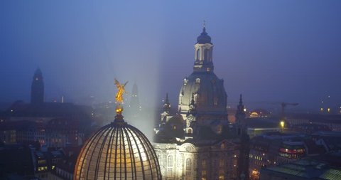 Dresden, Germany Frauenkirche night lights Aerial view - Drone