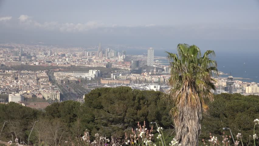 4K Panoramic view of Barcelona crowded town viewpoint of modern port, tourism emblem