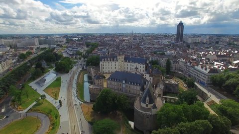 Aerial view of cityscape of Nantes, fort Chateau de Nantes - Normandy, France, 4k UHD  
